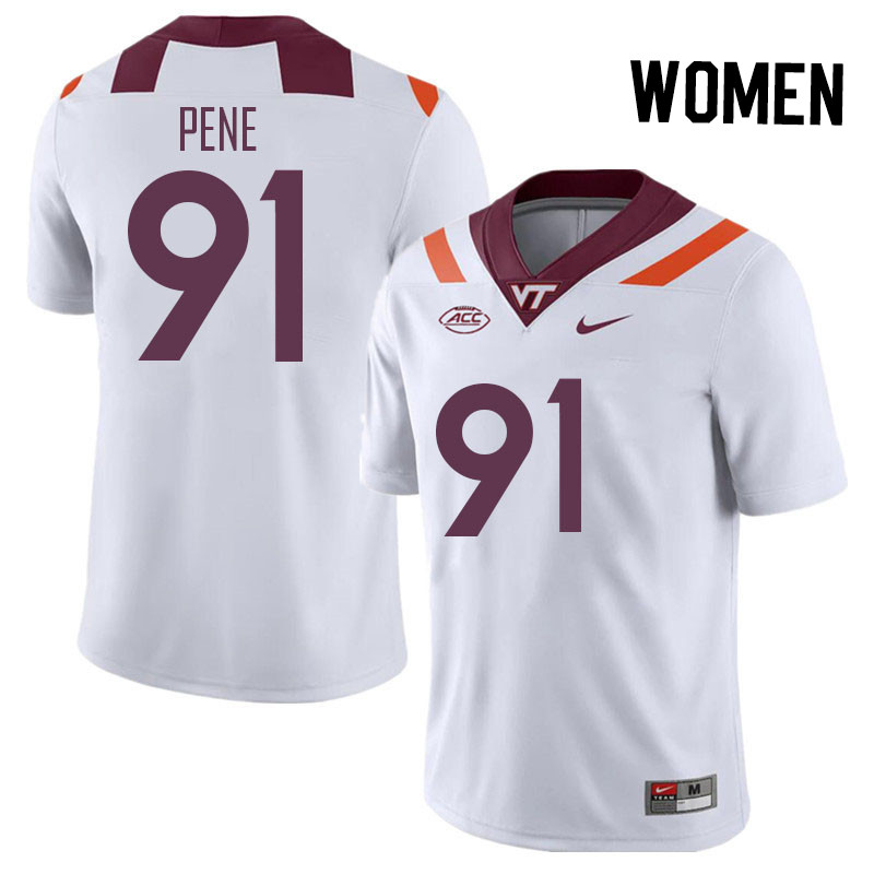 Women #91 Wilfried Pene Virginia Tech Hokies College Football Jerseys Stitched Sale-White